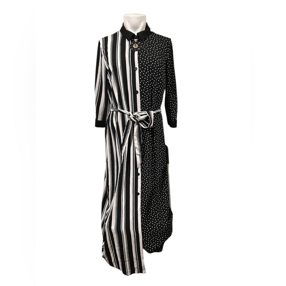 Luxology Black and White Mixed-Print Maxi Shirt Dress